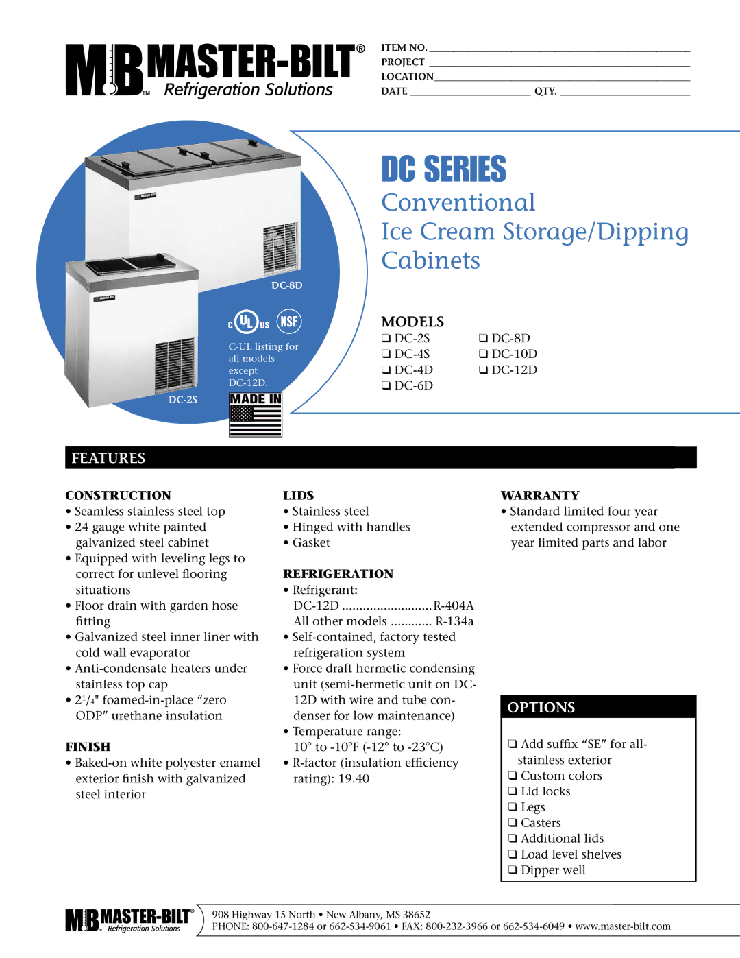 Master Bilt DC-12D, DC-8D, DC-2S, DC-10D, DC-6D, DC-4D, DC-4S warranty Features, Options 