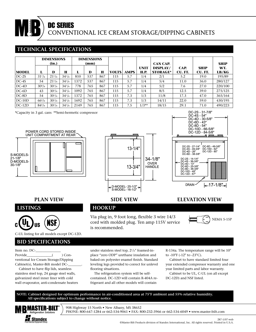 Master Bilt DC-2S, DC-8D, DC-12D, DC-10D, DC-6D, DC-4D, DC-4S Technical Specifications, Listings, Hookup, BID Specifications 