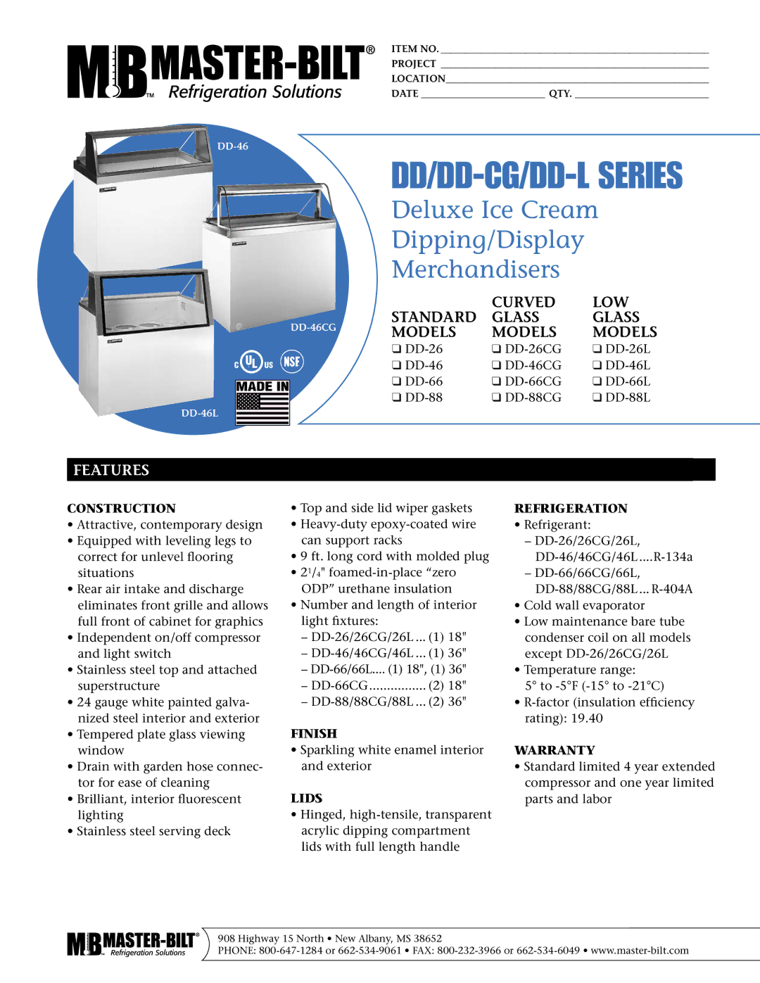 Master Bilt DD-46, DD-66CG, DD-26L, DD-88CG, DD-66L warranty DD/DD-CG/DD-L Series, Features 