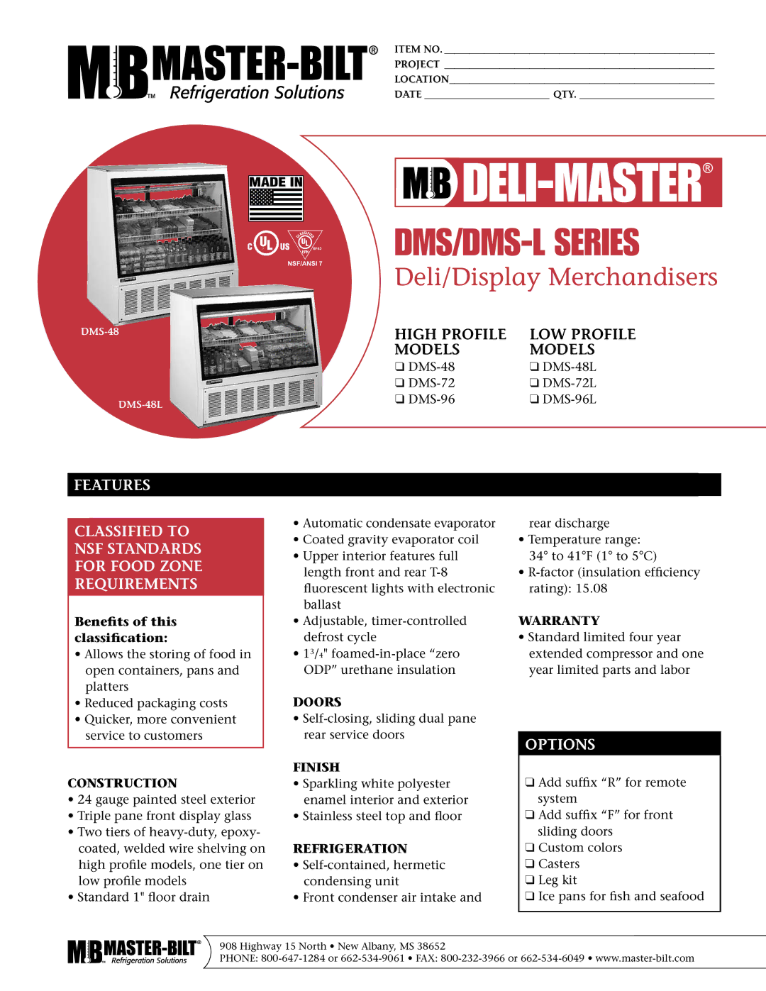 Master Bilt DMS-96L, DMS-72L, DMS-48L warranty Options 