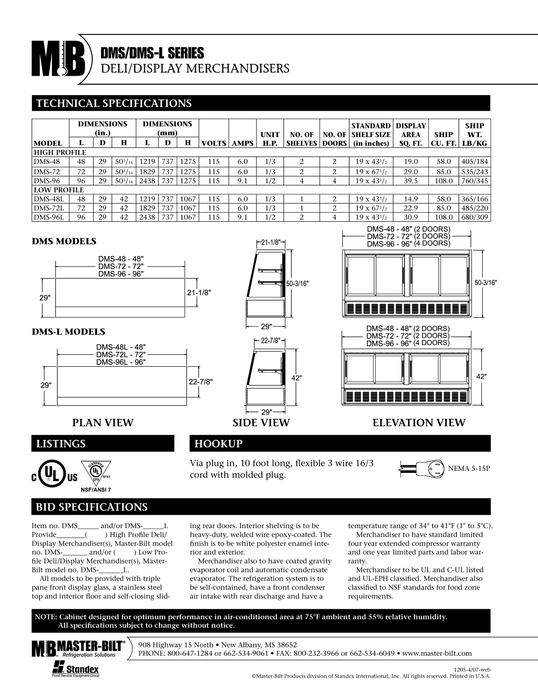 Master Bilt DMS-48, DMS-96L, DMS-72 Technical Specifications, Listings, Hookup, BID Specifications, DMS Models DMS-L Models 