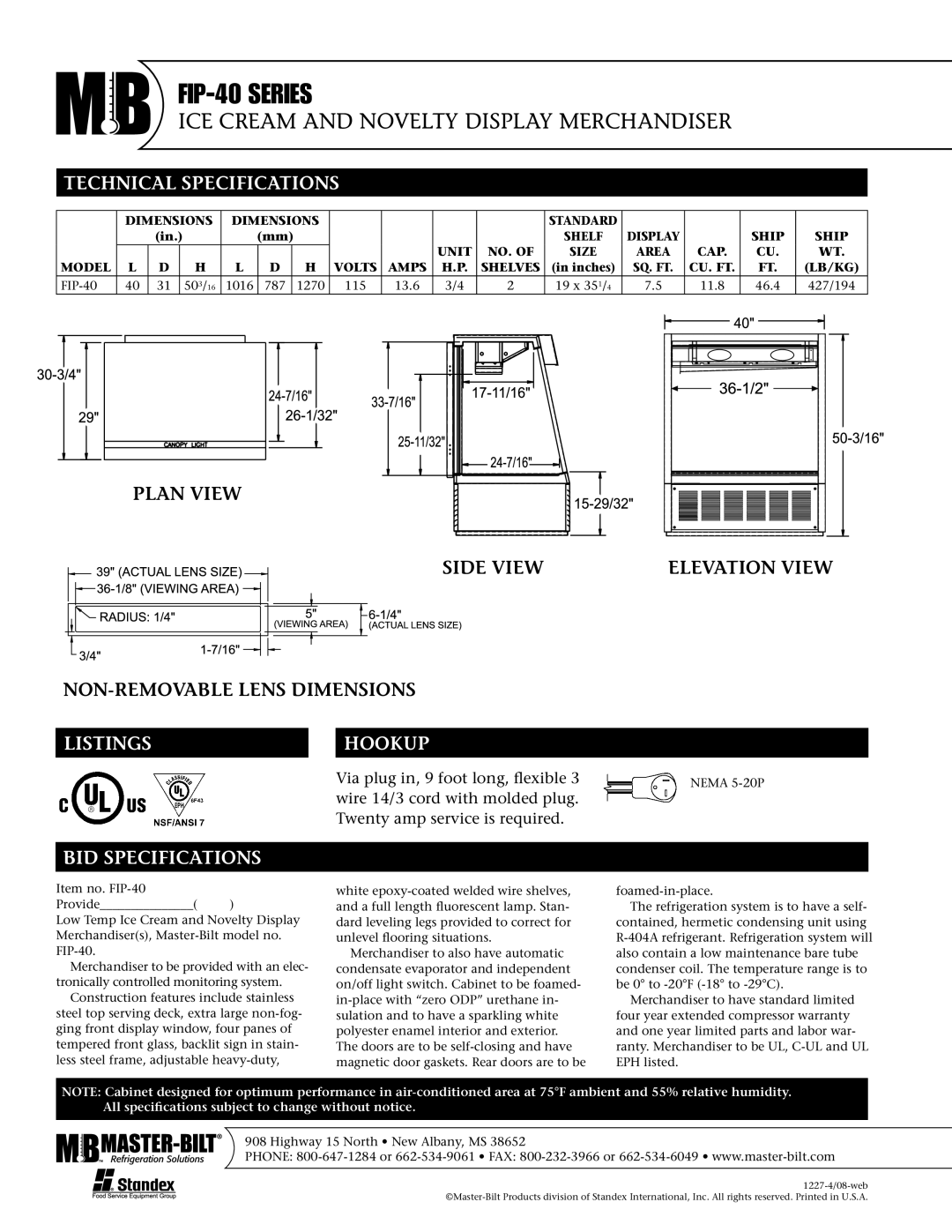 Master Bilt FIP-40 SERIES warranty Technical Specifications, Listings Hookup, BID Specifications 