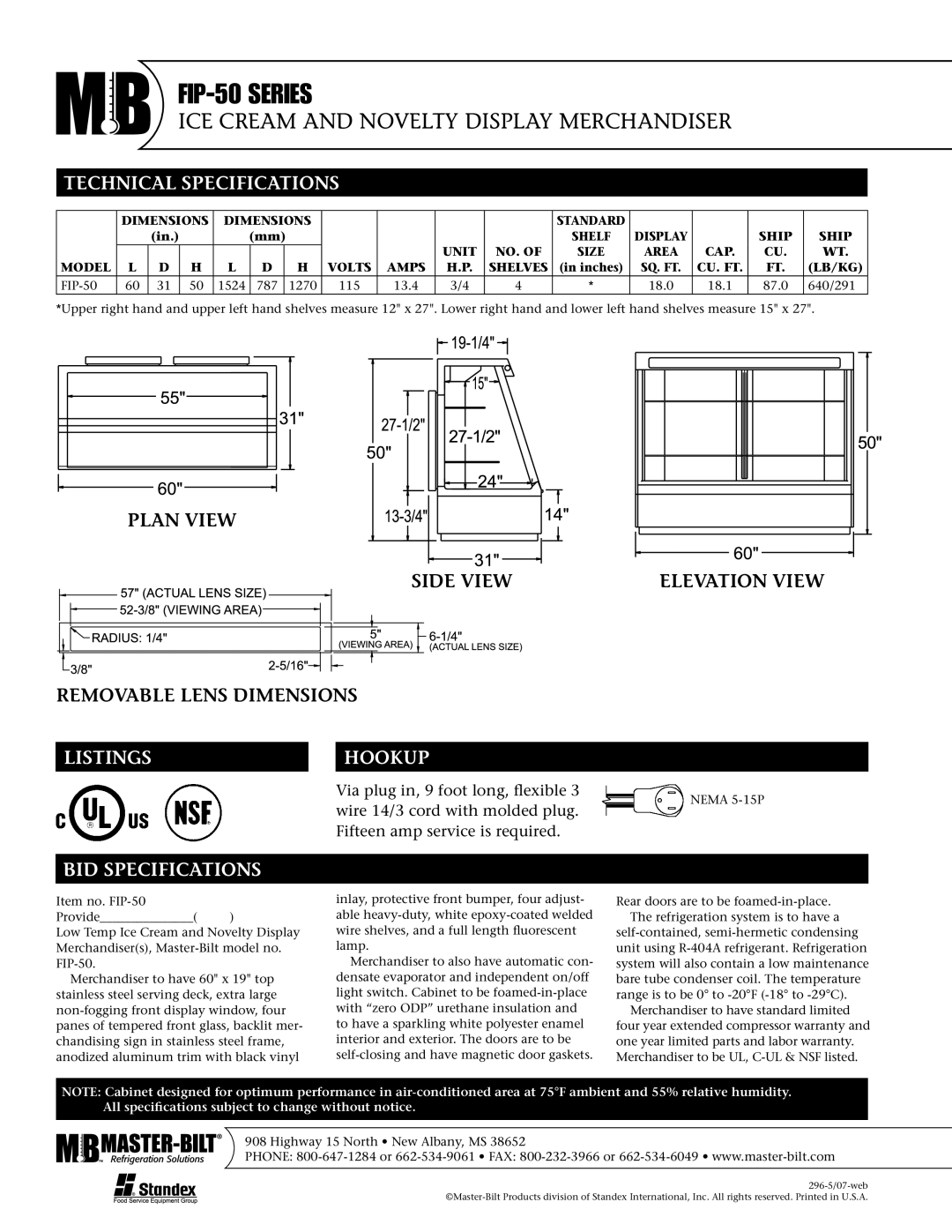 Master Bilt FIP 50 Series warranty Technical Specifications, Listings Hookup, BID Specifications 