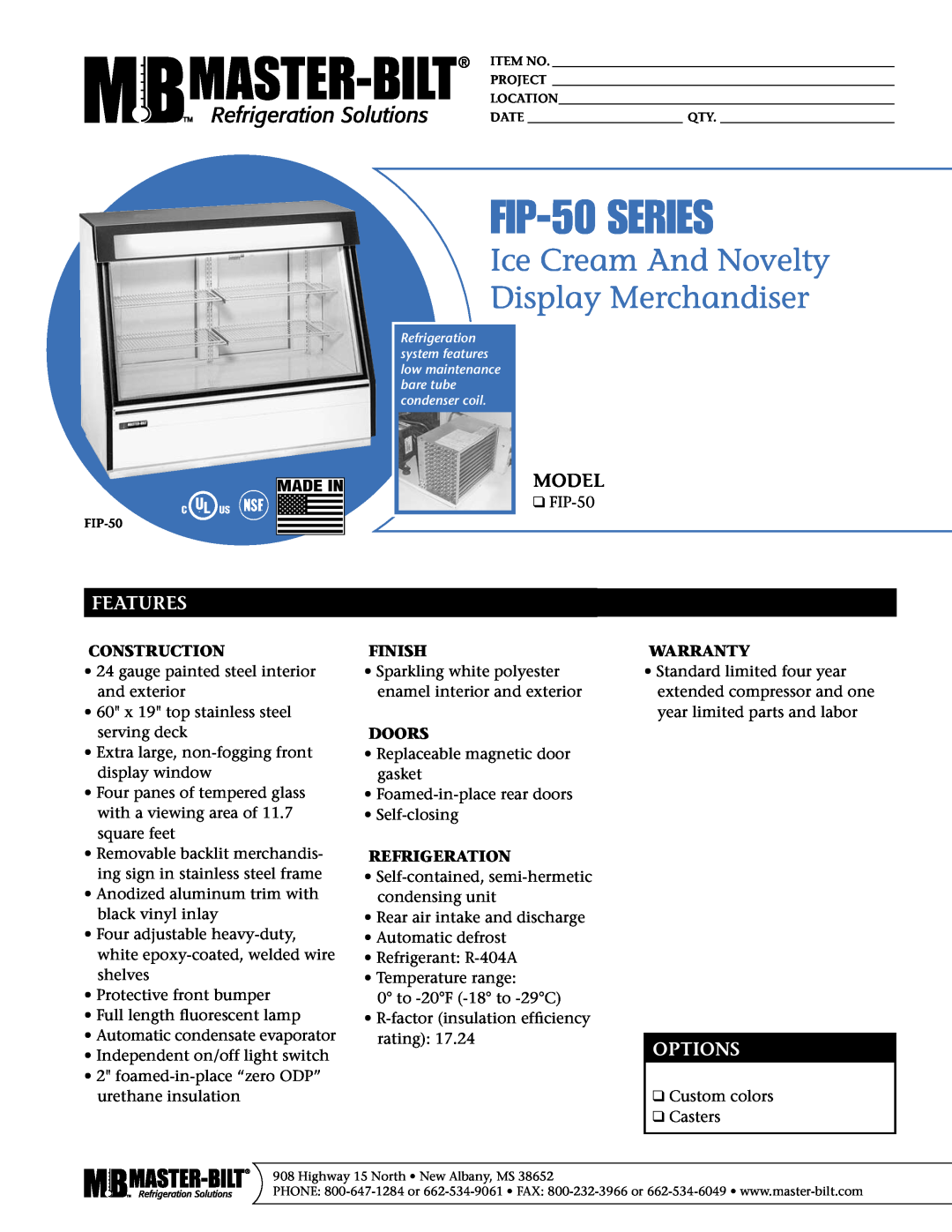 Master Bilt FIP 50 Series warranty Model, Features, Options, FIP-50SERIES, Ice Cream And Novelty Display Merchandiser 