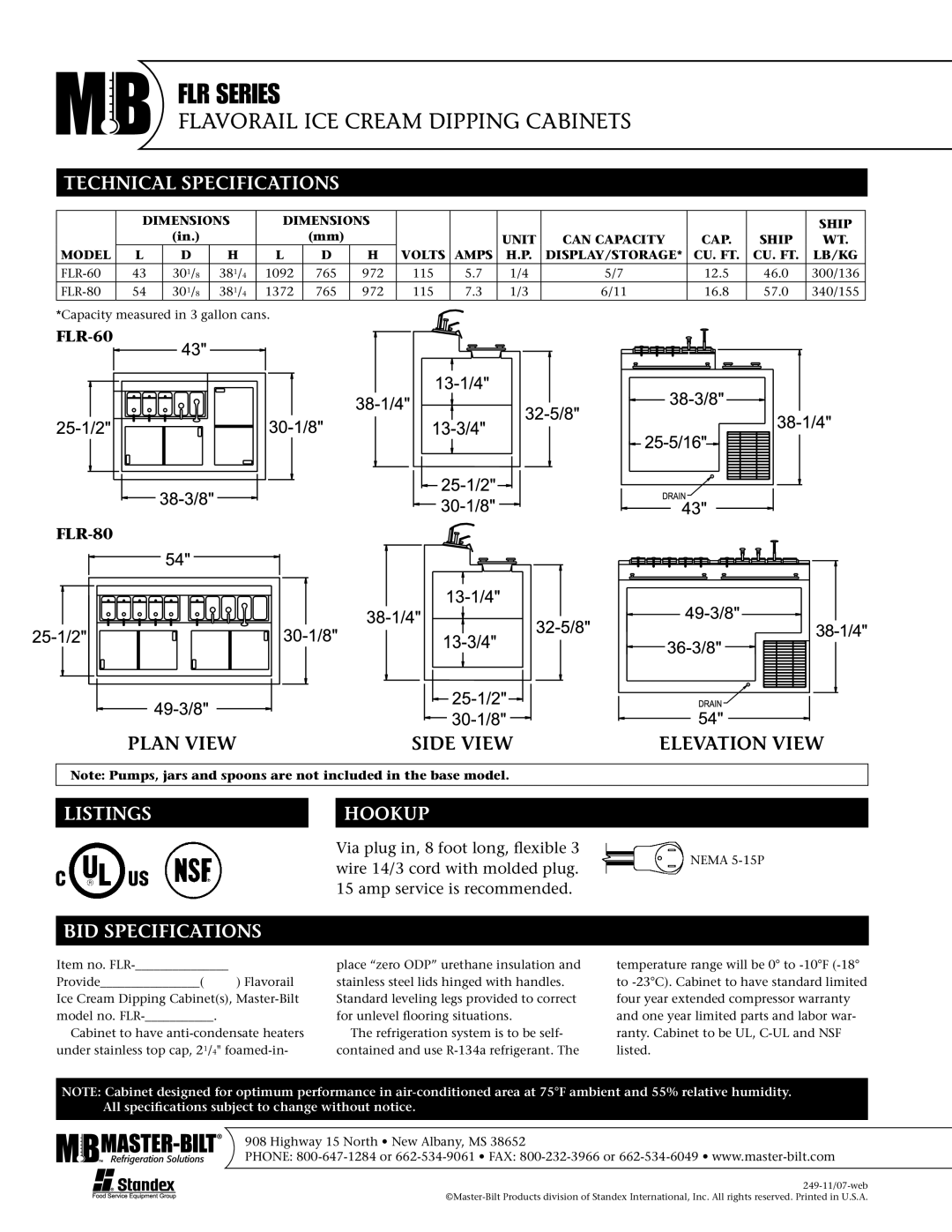 Master Bilt FLR-60, FLR-80 warranty Technical Specifications, Listings Hookup, BID Specifications 