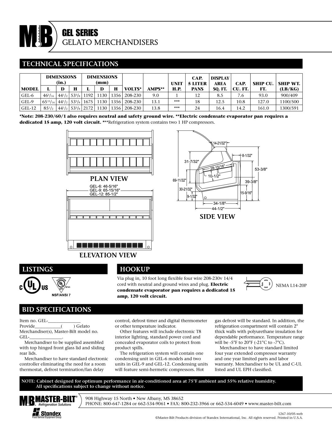 Master Bilt GEL Series warranty Technical Specifications, Listings Hookup, BID Specifications 