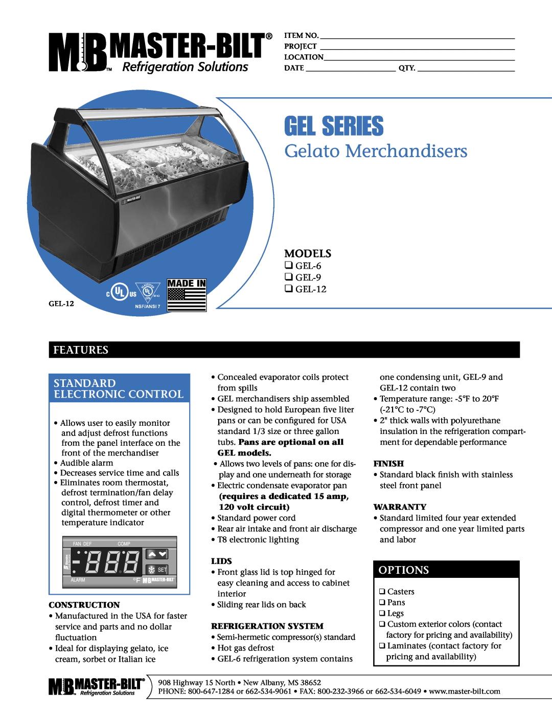 Master Bilt GEL Series warranty Models, Features Standard Electronic Control, Options, Gel Series, Gelato Merchandisers 