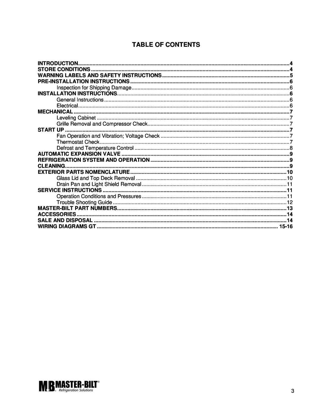 Master Bilt GT-40, GT-30 manual Table Of Contents 