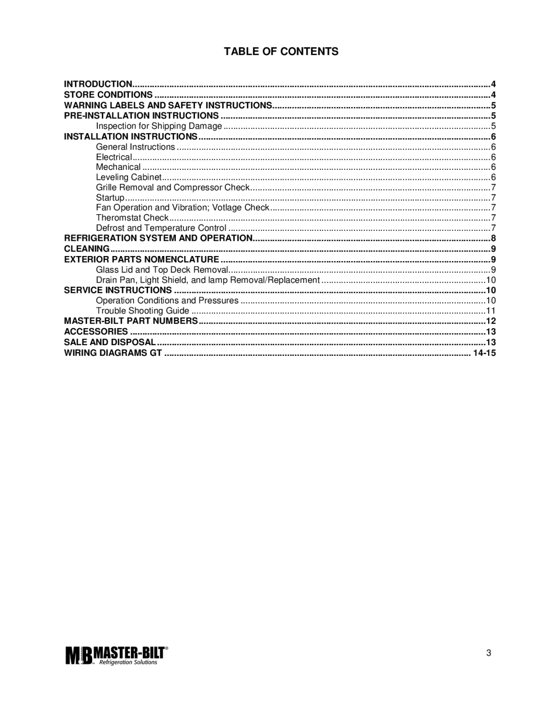 Master Bilt GT-60, GT-50, GT-80 manual Table of Contents 