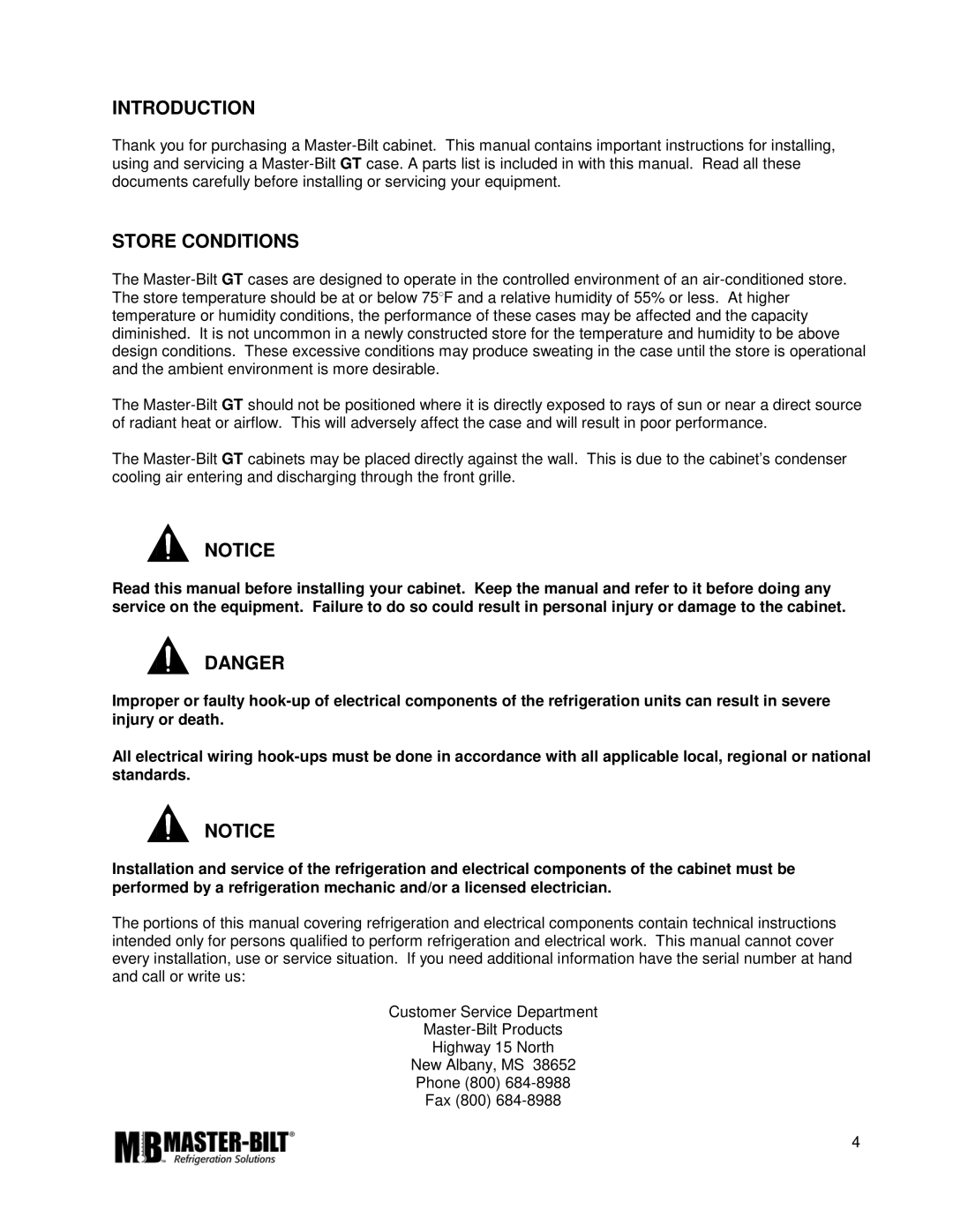 Master Bilt GT-50, GT-60, GT-80 manual Introduction, Store Conditions 