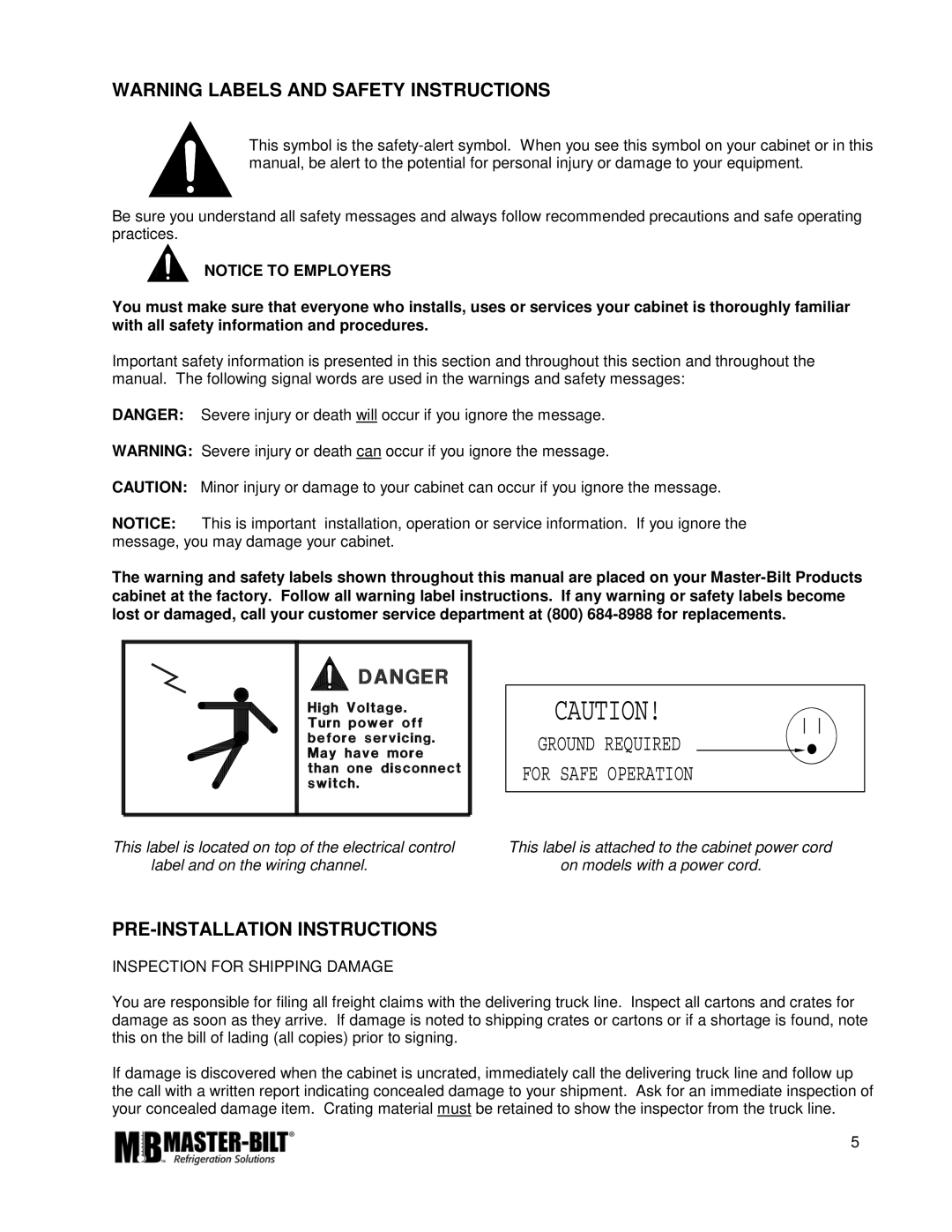 Master Bilt GT-80, GT-60, GT-50 manual PRE-INSTALLATION Instructions, Inspection for Shipping Damage 