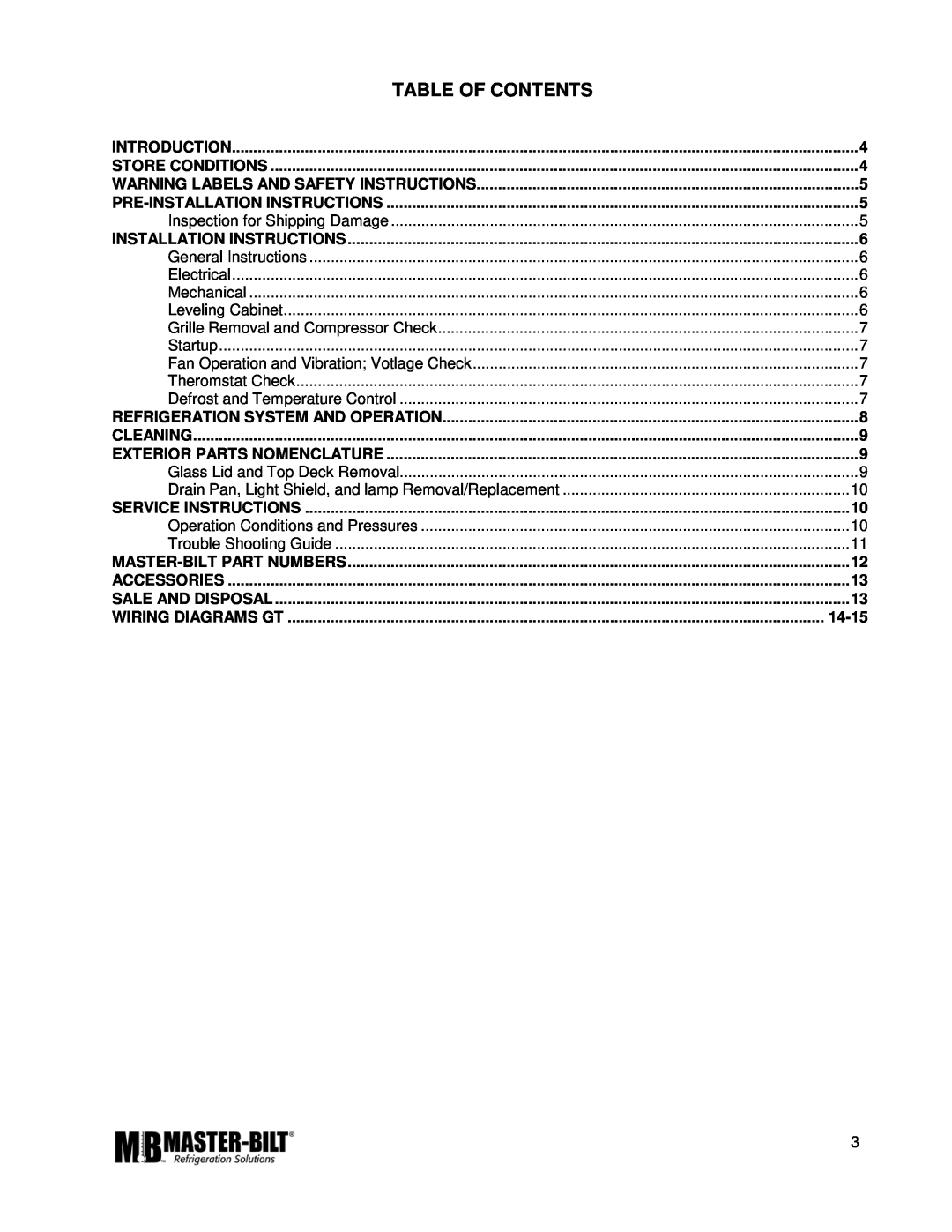 Master Bilt GT-60, GT-50, GT-80 manual Table Of Contents 