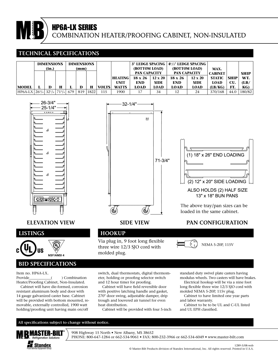 Master Bilt HP6A-LX Series warranty Technical Specifications, Listings, Hookup, BID Specifications 