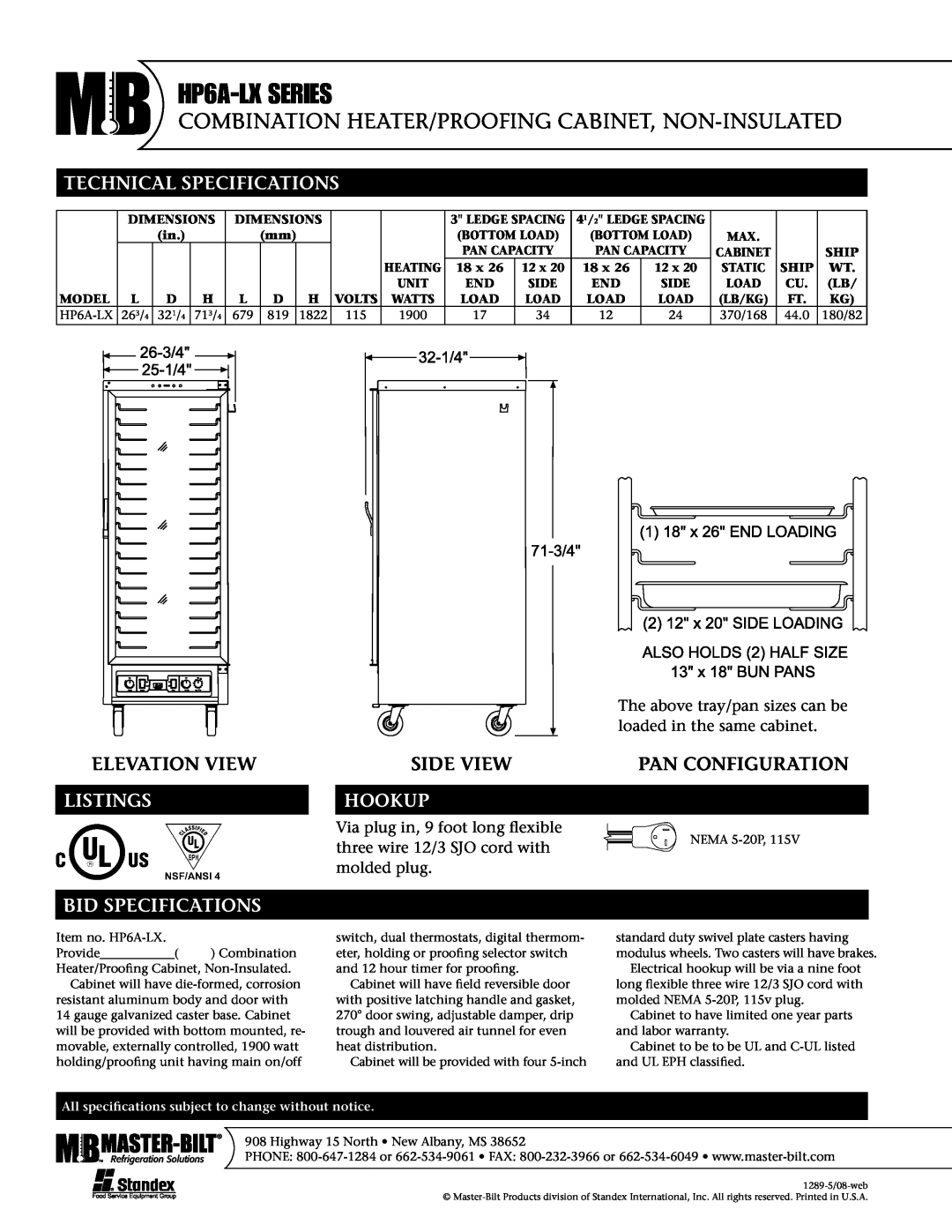 Master Bilt HP6A-LX Series Technical Specifications, Elevation View, Listings, Side View, Pan Configuration, Hookup 