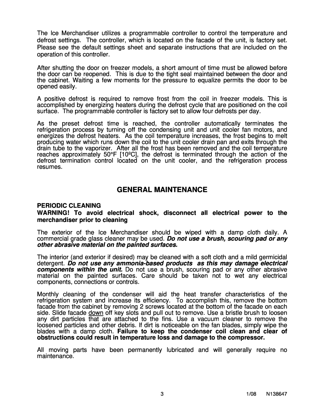 Master Bilt Ice Merchandiser manual General Maintenance, Periodic Cleaning 