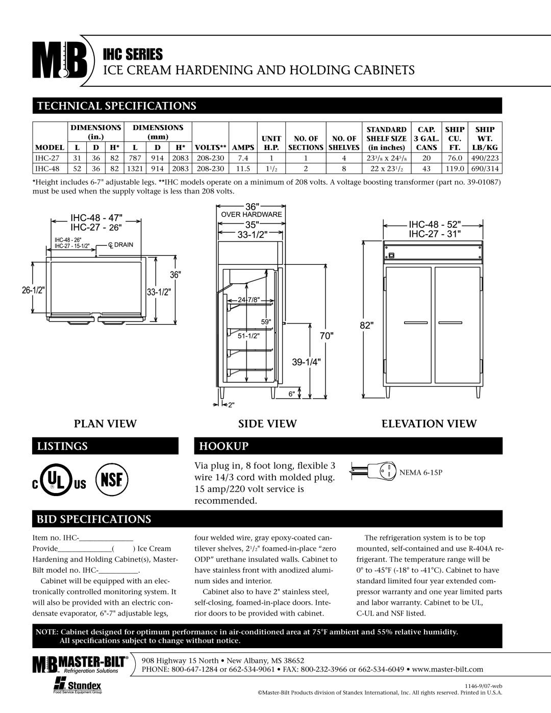 Master Bilt IHC-48 warranty Technical Specifications, Listings, Hookup, BID Specifications 