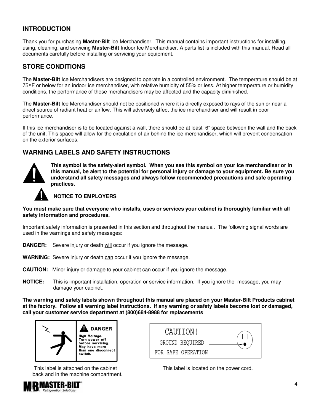 Master Bilt IM-23GB manual Introduction, Store Conditions 