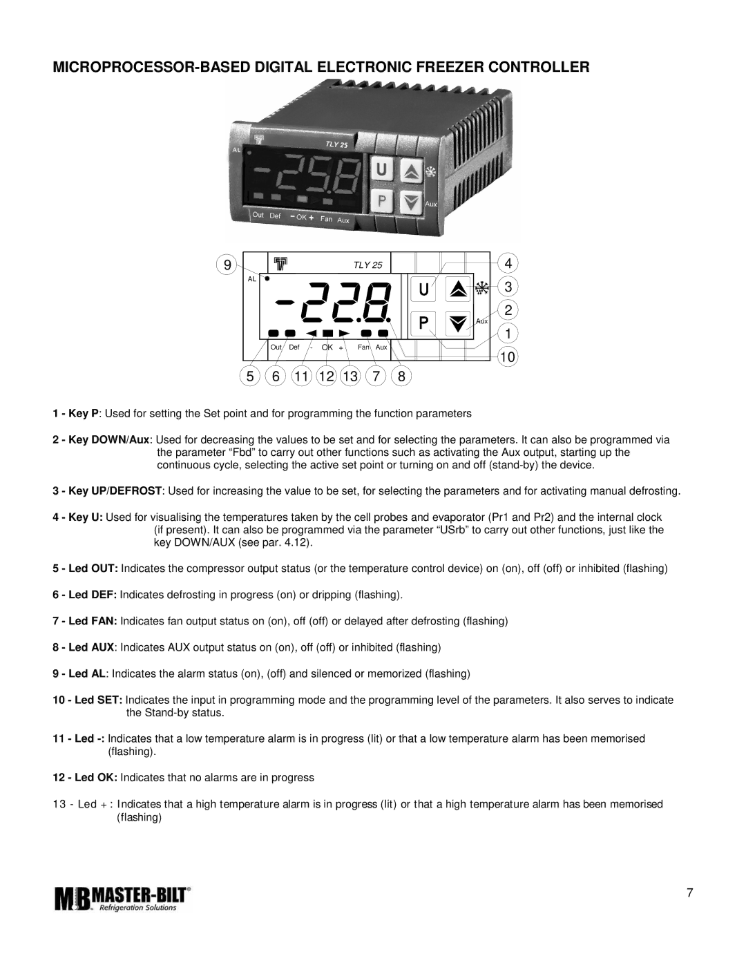 Master Bilt IM-23GB manual MICROPROCESSOR-BASED Digital Electronic Freezer Controller, 11 12 13 7 