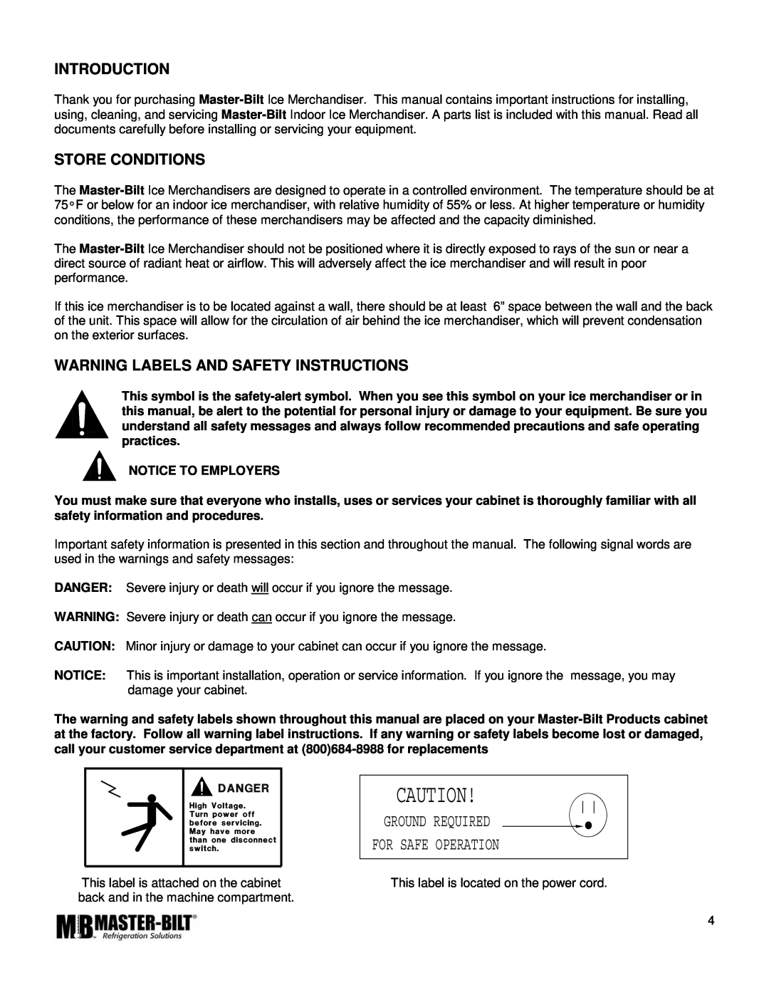 Master Bilt IM-23GB manual Introduction, Store Conditions, Warning Labels And Safety Instructions 
