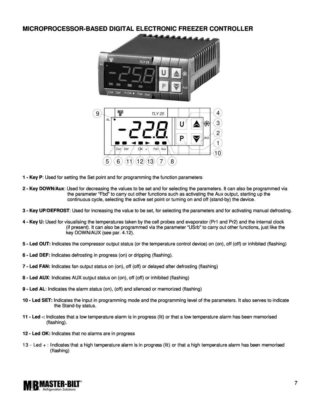 Master Bilt IM-23GB manual Microprocessor-Based Digital Electronic Freezer Controller 