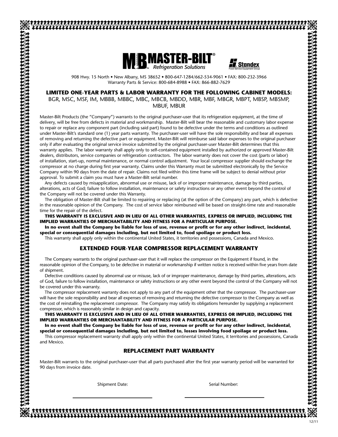 Master Bilt IM-45G, IM-60 manual 84%.$%$ &/529%!2 #/-02%33/2 2%0,!#%-%.4 7!22!.49 