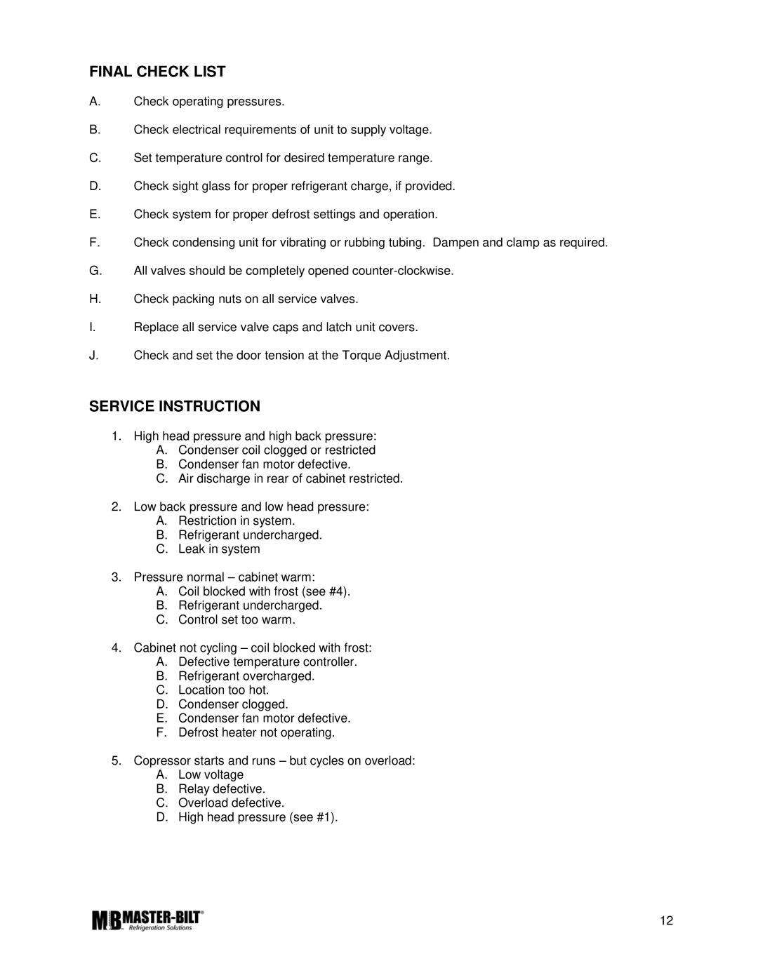 Master Bilt K manual Final Check List, Service Instruction 