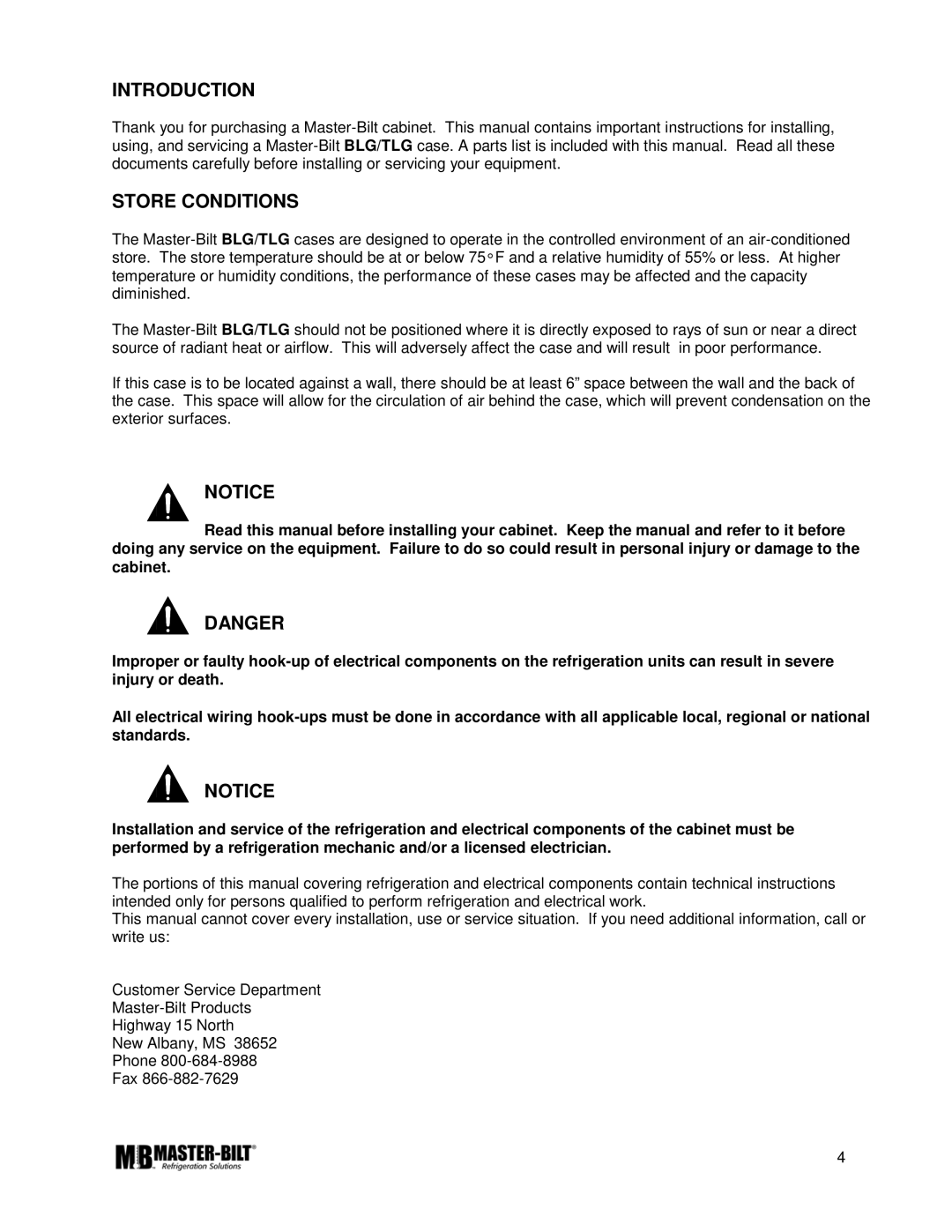 Master Bilt K manual Introduction, Store Conditions 