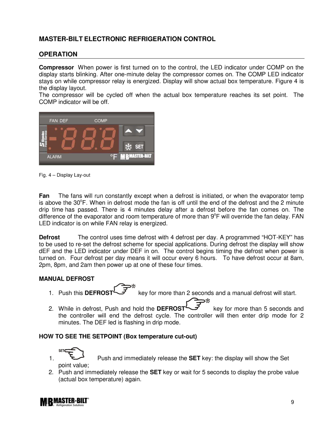 Master Bilt K manual MASTER-BILT Electronic Refrigeration Control Operation, Manual Defrost 