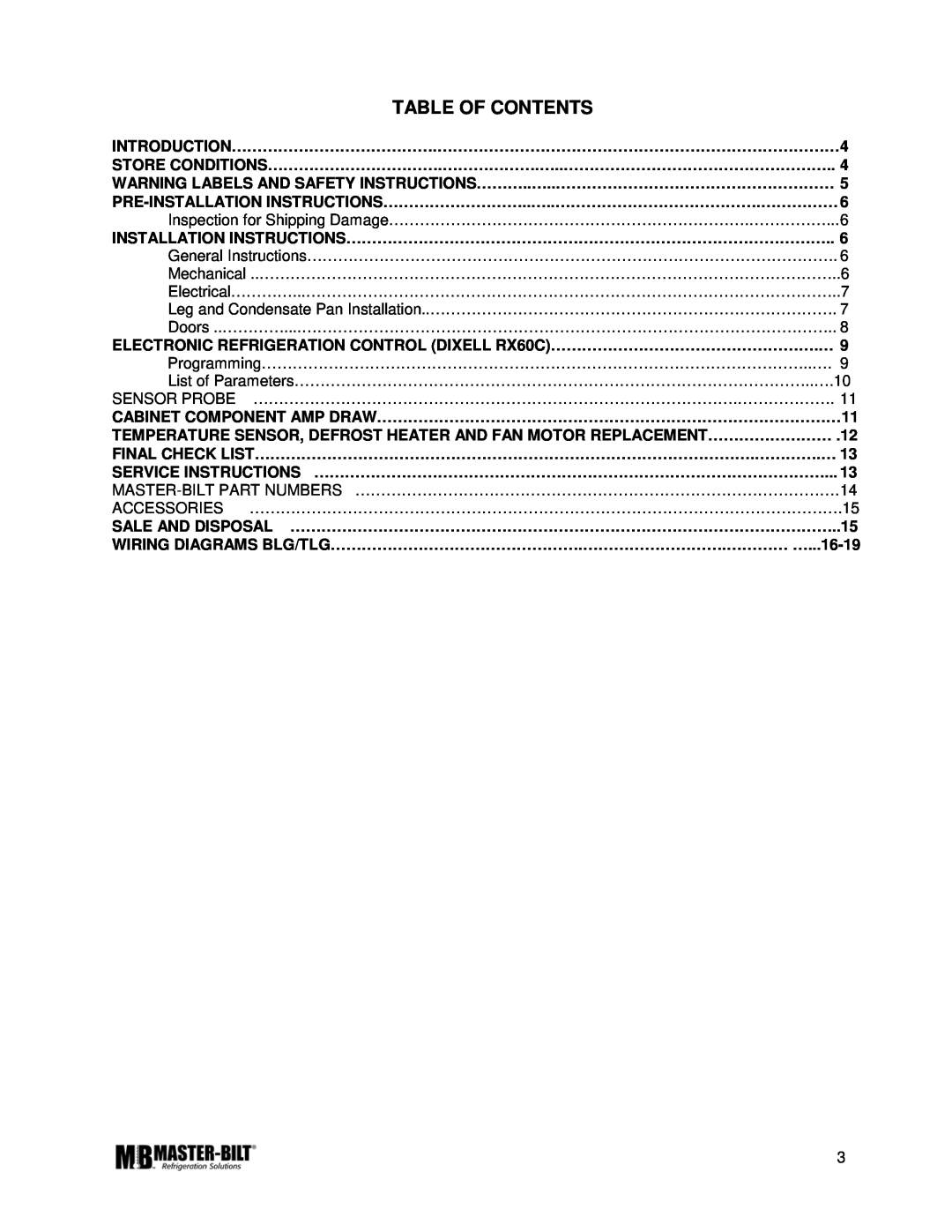 Master Bilt K manual Table Of Contents 
