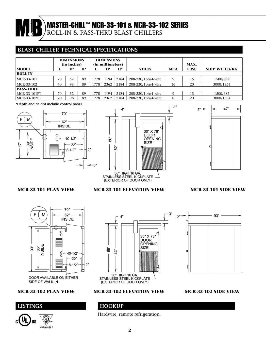 Master Bilt MCR-33-102PT, MCR-33-101PT dimensions Blast Chiller Technical Specifications, Listings, Hookup 