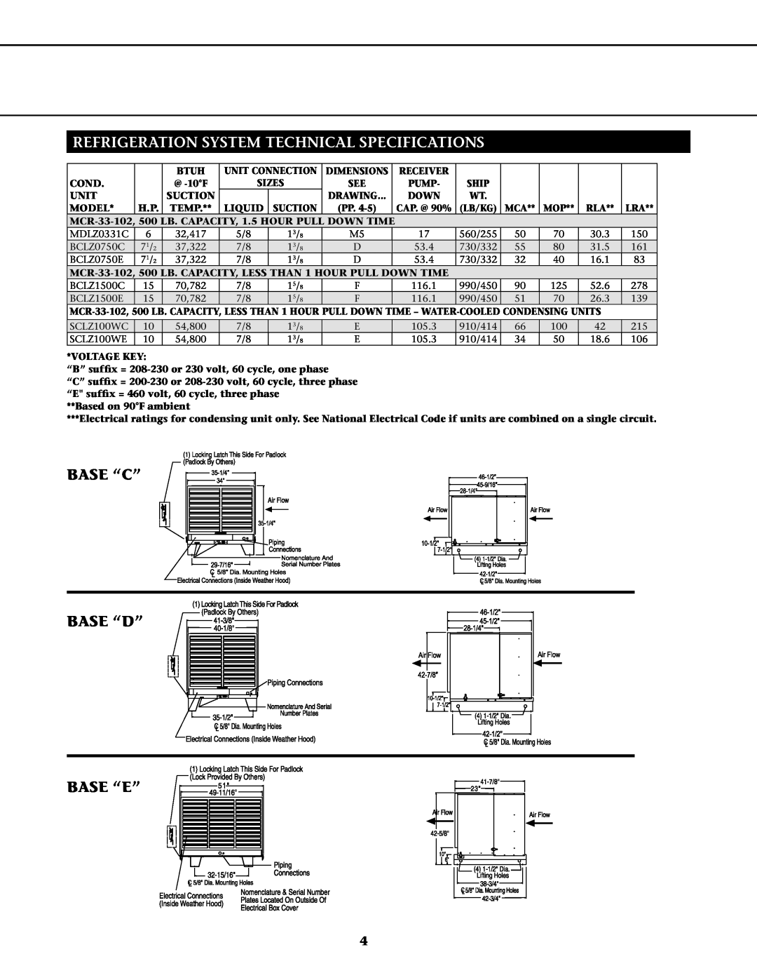 Master Bilt MCR-33-101PT, MCR-33-102PT dimensions Base “C” Base “D” Base “E”, Refrigeration System Technical Specifications 