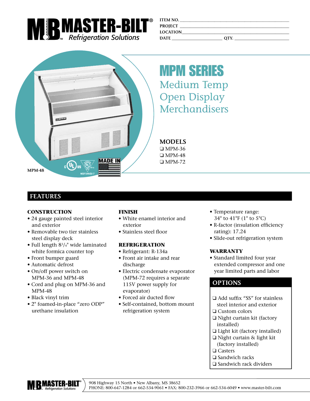 Master Bilt MPM-27, MPM-36, MPM-48 warranty Features, Options 