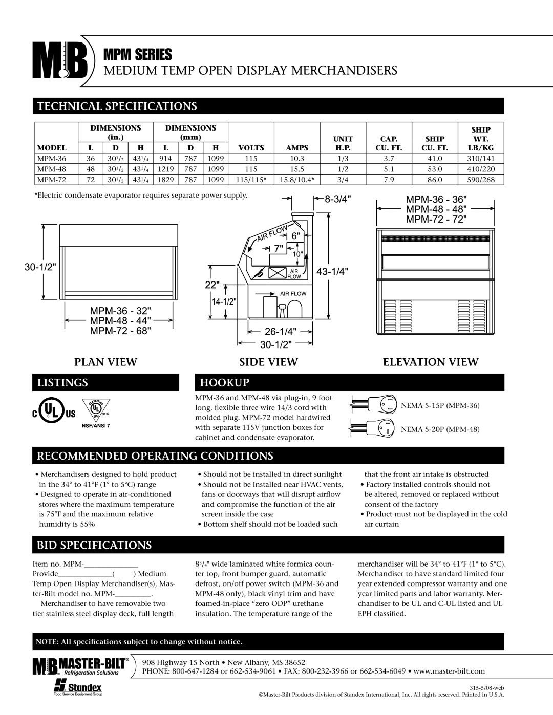 Master Bilt MPM-48 Technical Specifications, Listings, Hookup, Recommended Operating Conditions, BID Specifications 