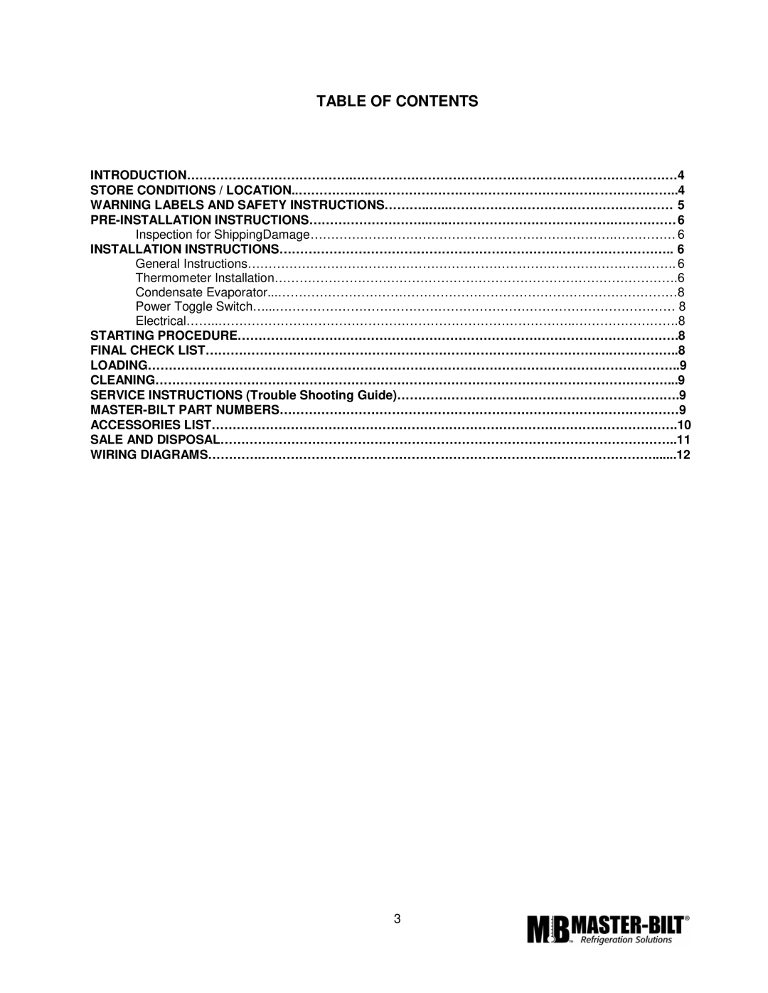 Master Bilt MPM-72 manual Table of Contents 