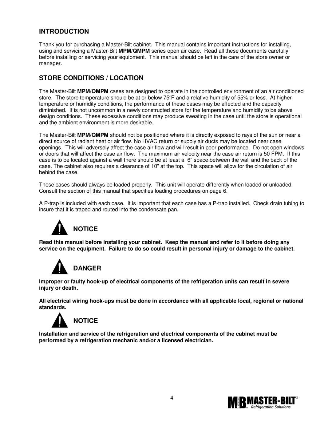 Master Bilt MPM-72 manual Introduction, Store Conditions / Location 