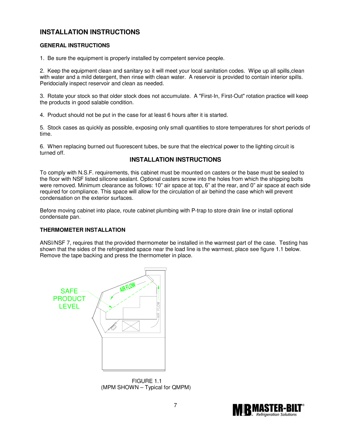 Master Bilt MPM-72 manual Installation Instructions, General Instructions, Thermometer Installation 