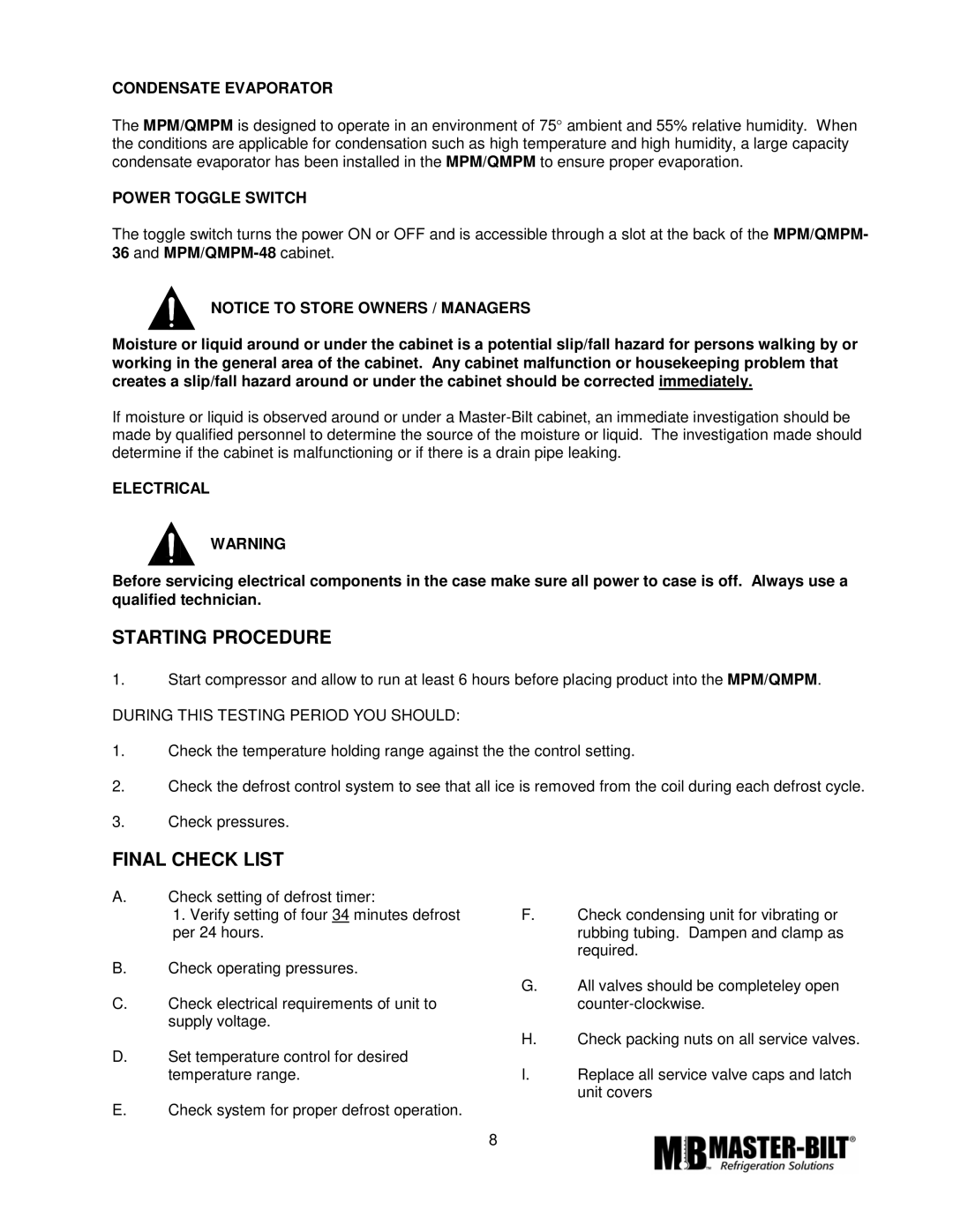 Master Bilt MPM-72 manual Starting Procedure, Final Check List, Condensate Evaporator, Power Toggle Switch, Electrical 