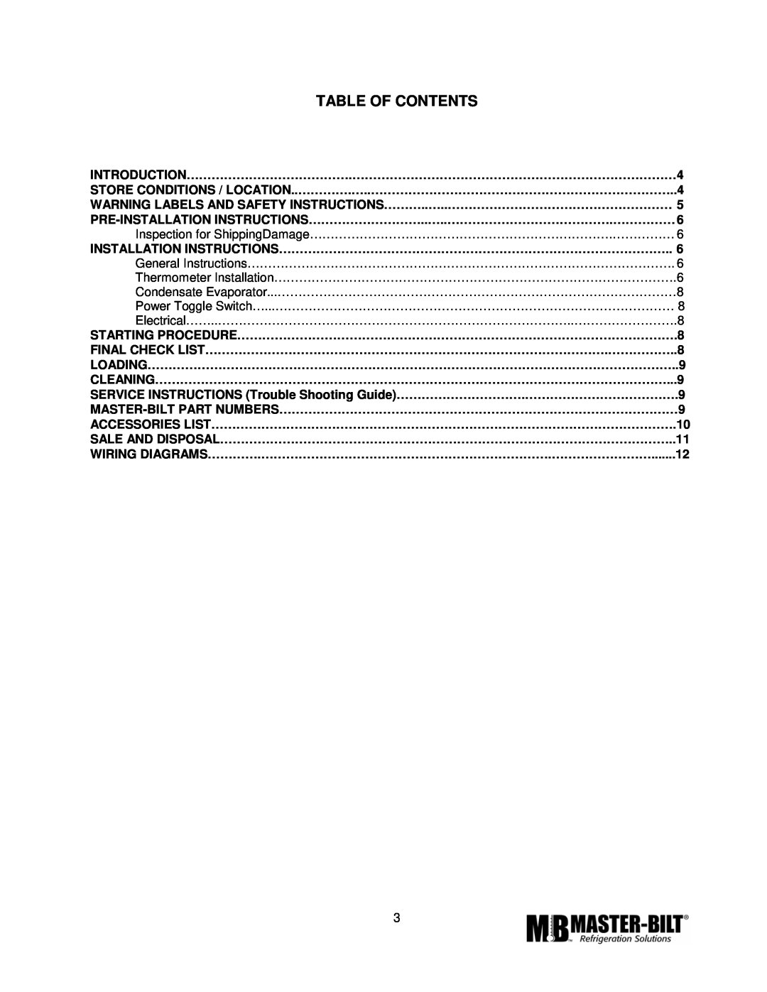 Master Bilt MPM-72 manual Table Of Contents 