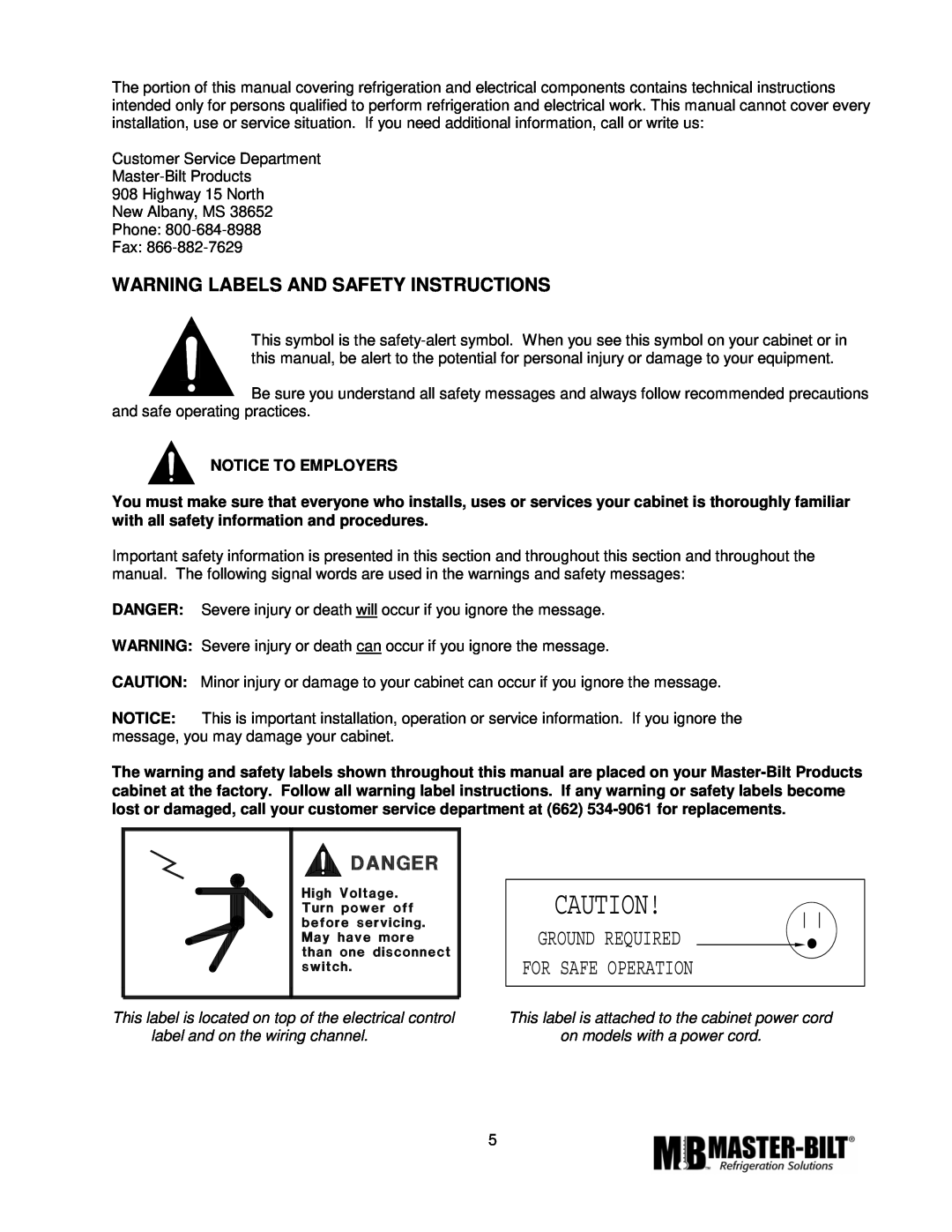 Master Bilt MPM-72 manual Warning Labels And Safety Instructions, Ground Required For Safe Operation 