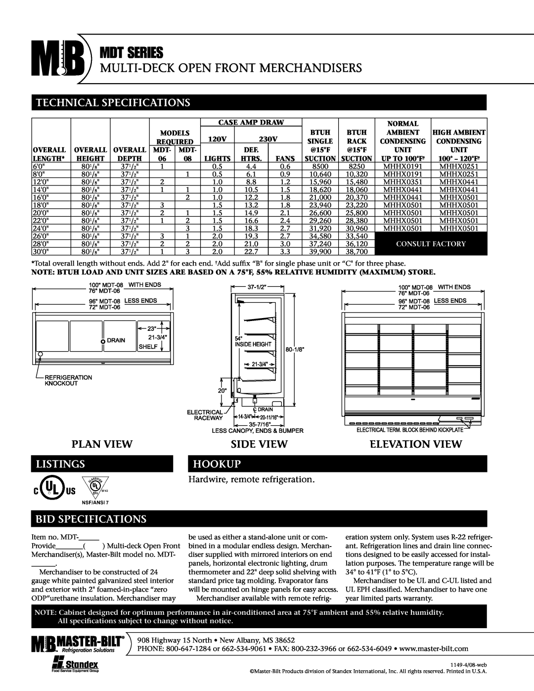 Master Bilt MTD-08 Technical Specifications, Plan View, Listings, Side View, Elevation View, Hookup, Bid Specifications 