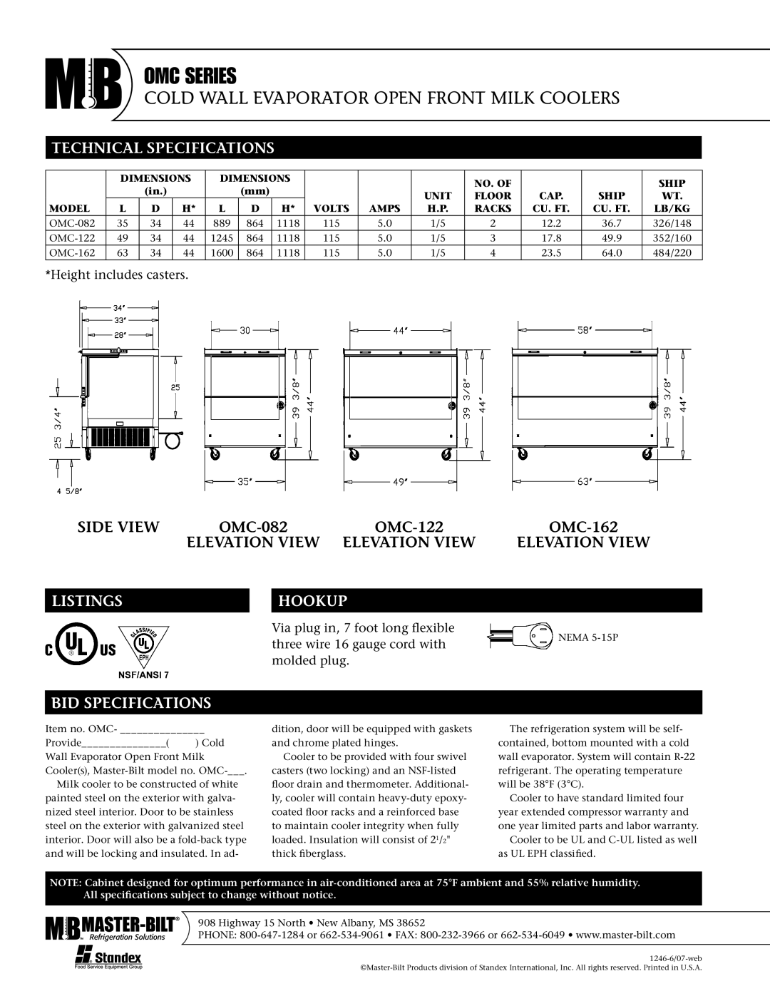 Master Bilt OMC Series warranty Technical Specifications, Listings Hookup, BID Specifications 