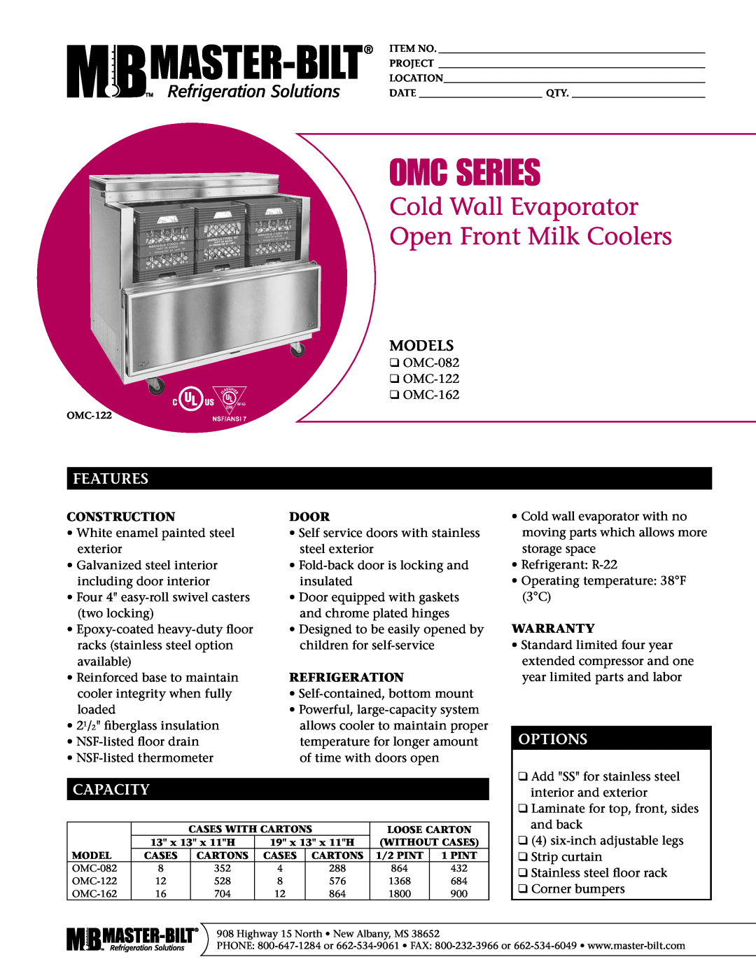 Master Bilt OMC Series warranty Models, Features, Options, Capacity, Omc Series, Construction, Door, Refrigeration 