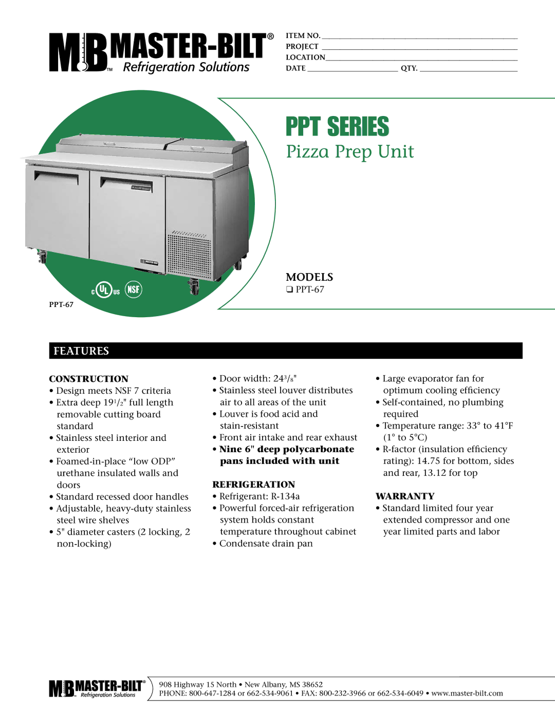 Master Bilt PPT-67 warranty PPT Series, Pizza Prep Unit, Features 