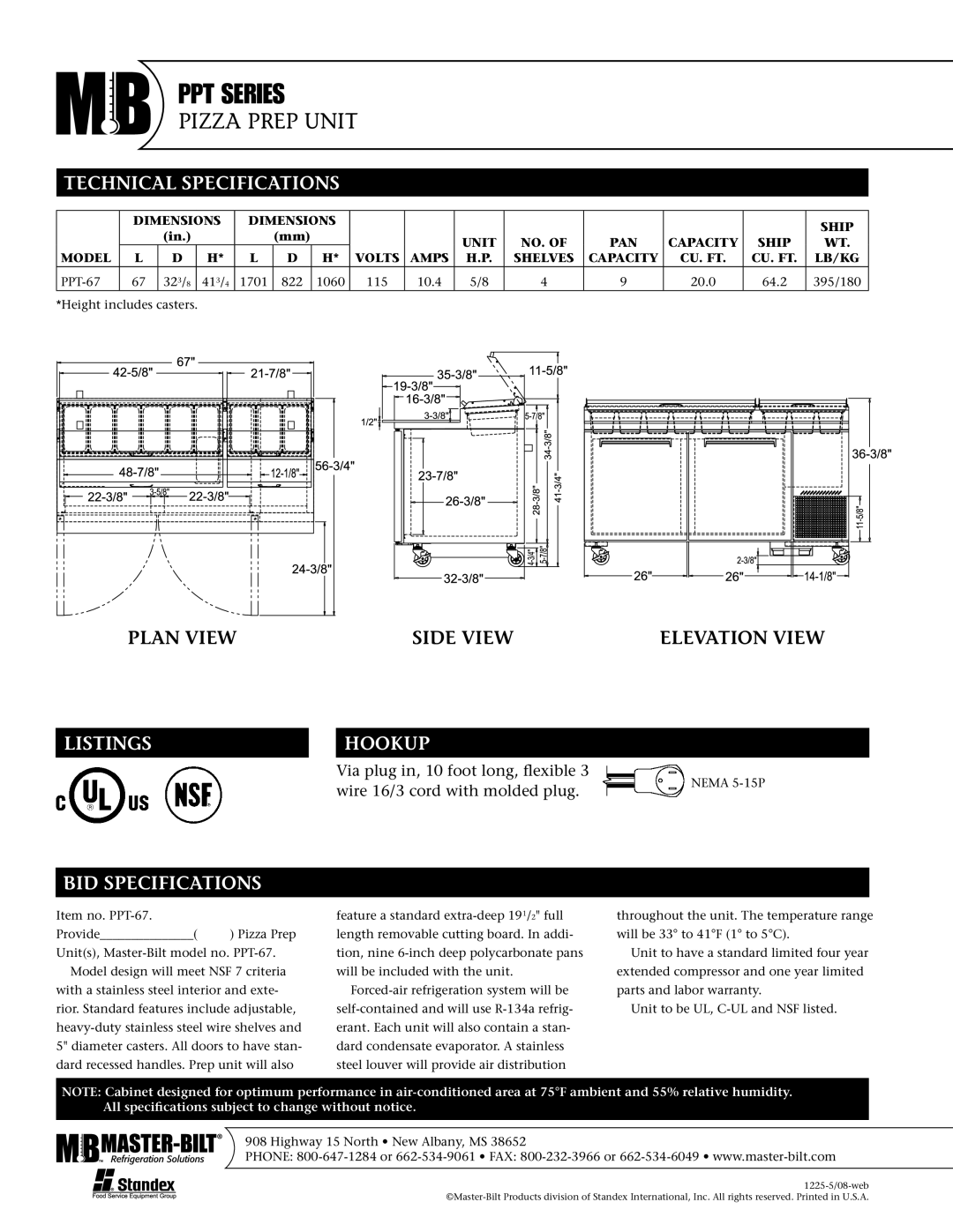 Master Bilt PPT-67 warranty PPT Series, Pizza Prep Unit 