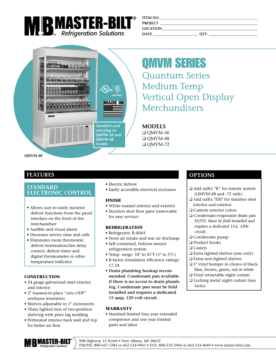 Master Bilt QMVM-72, QMVM-36, QMVM-48 warranty Features Standard Electronic Control, Options 