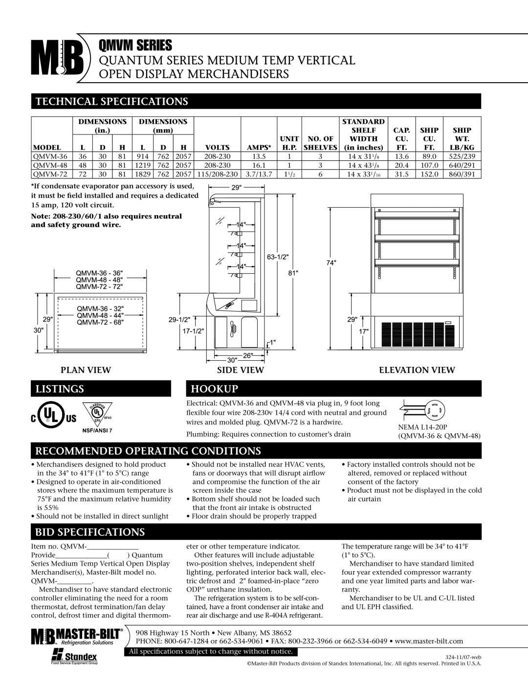 Master Bilt QMVM-48 Technical Specifications, Listings, Hookup, Recommended Operating Conditions, BID Specifications 