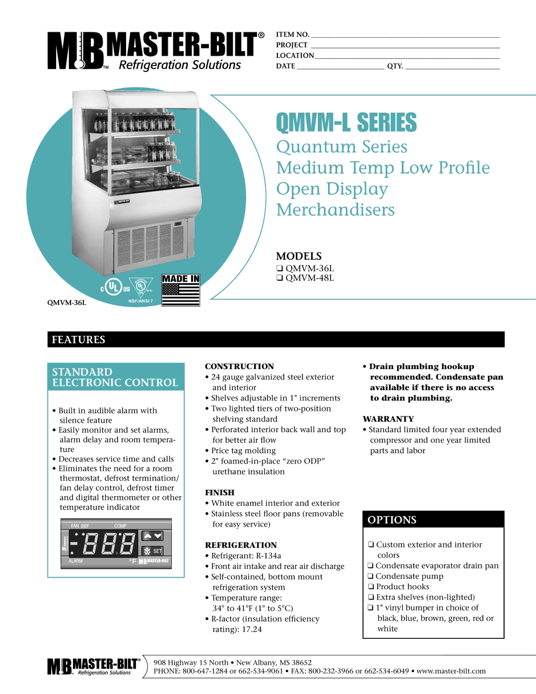 Master Bilt QMVM-36L, QMVM-48L warranty Features Standard Electronic Control, Options 