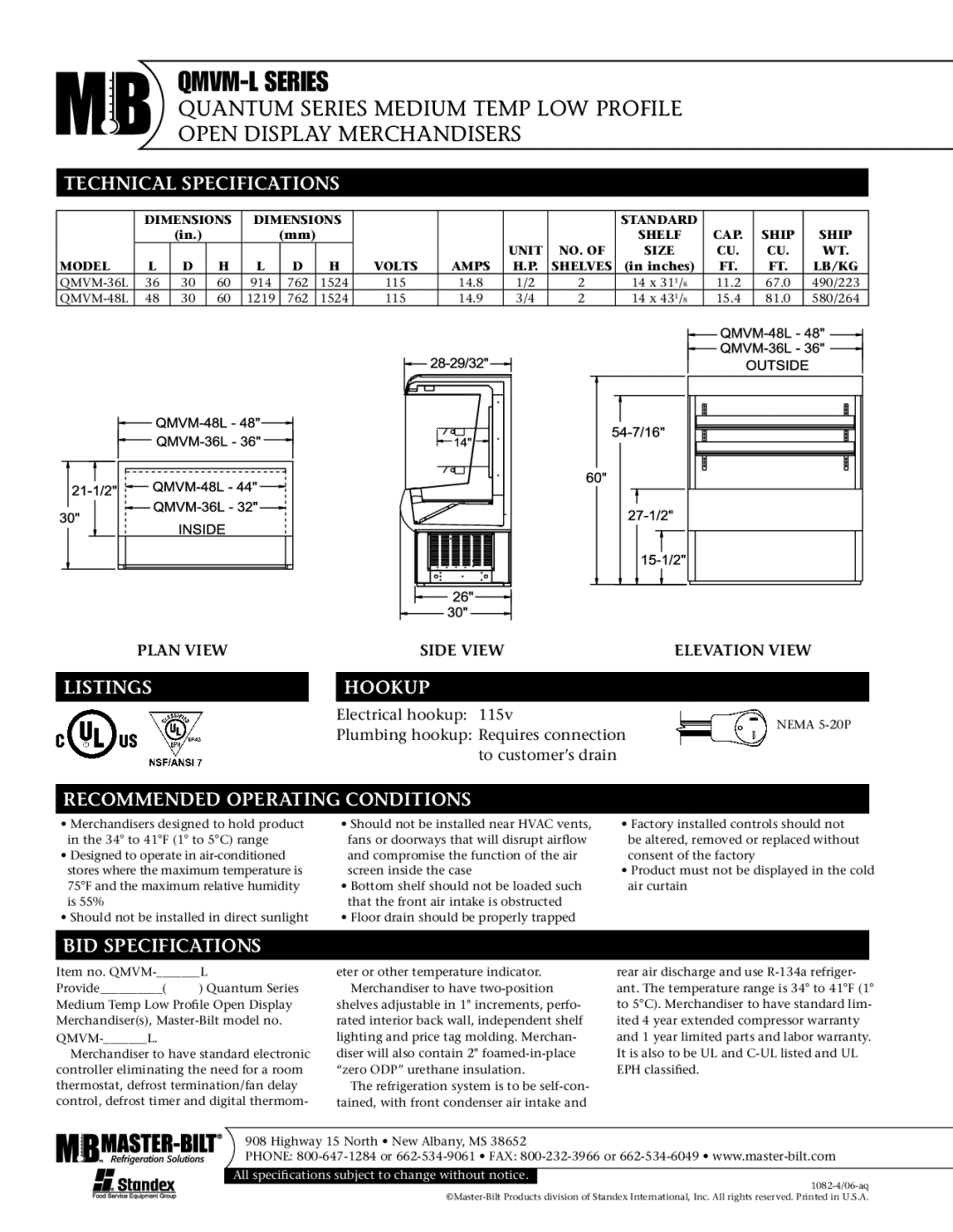 Master Bilt QMVM-48L Technical Specifications, Listings, Hookup, Recommended Operating Conditions, BID Specifications 