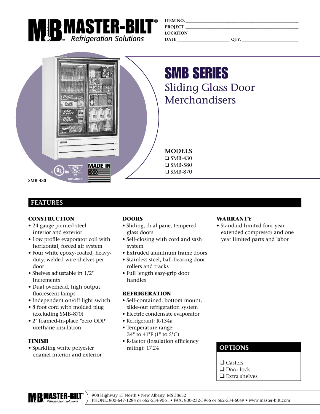 Master Bilt SMB-430, SMB-870, SMB-580 warranty Features, Options 