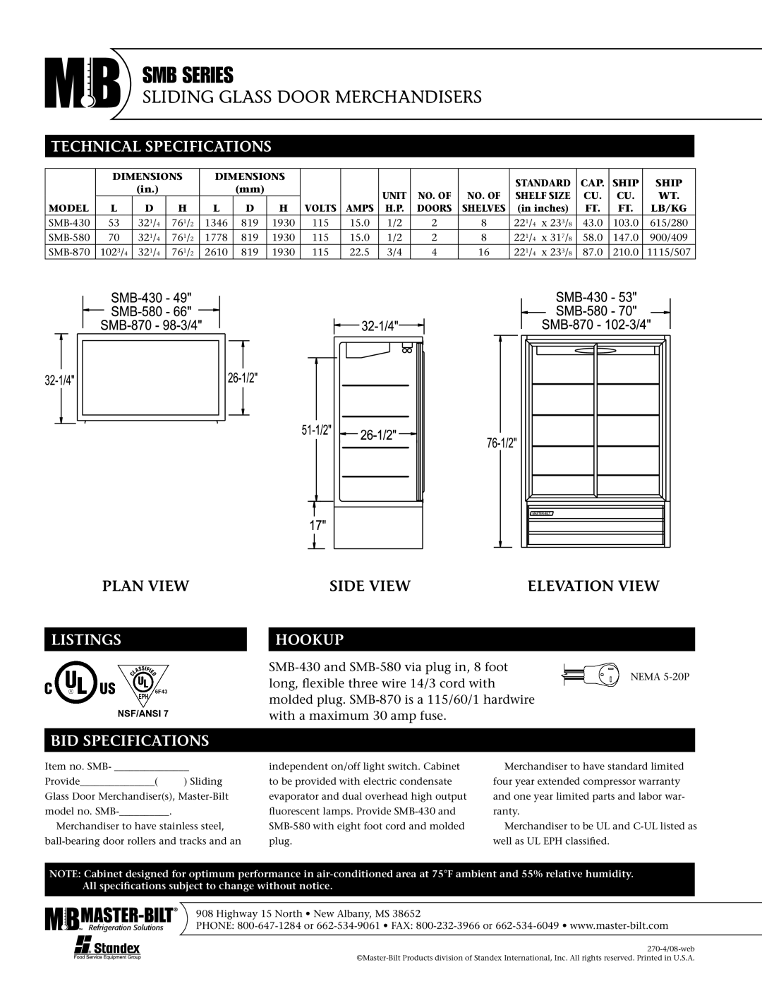 Master Bilt SMB-580, SMB-870, SMB-430 warranty Technical Specifications, Listings, Hookup, BID Specifications 